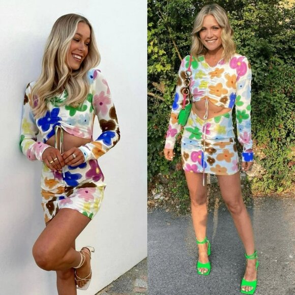 With Jean Hermana Dress Floral Daisy Viola Tricolor Cinched Top Cutout Mini 90s - Picture 2 of 15